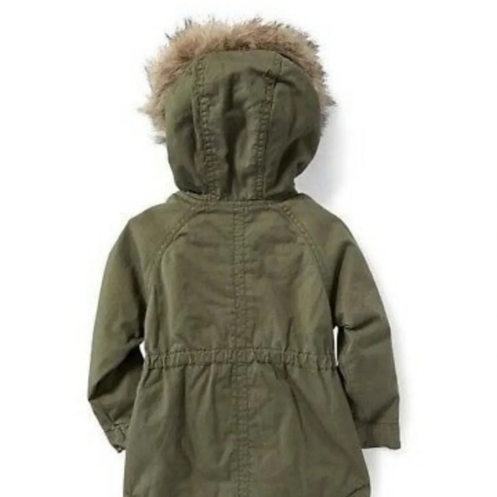 Warm Hooded Winter Coat Fur Trim Hood Jacket Old Navy Olive Khaki Green Size 4T